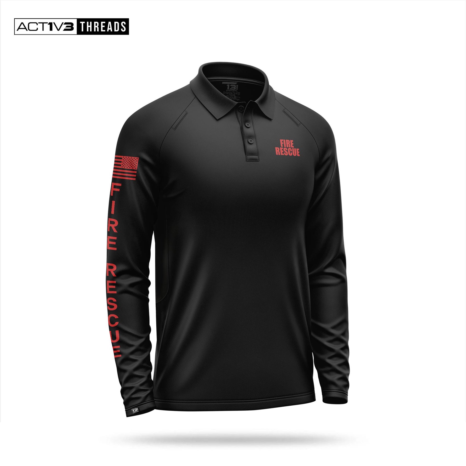 [FIRE RESCUE] Men's Performance Polo Long Sleeve [BLK/RED]-13 Fifty Apparel