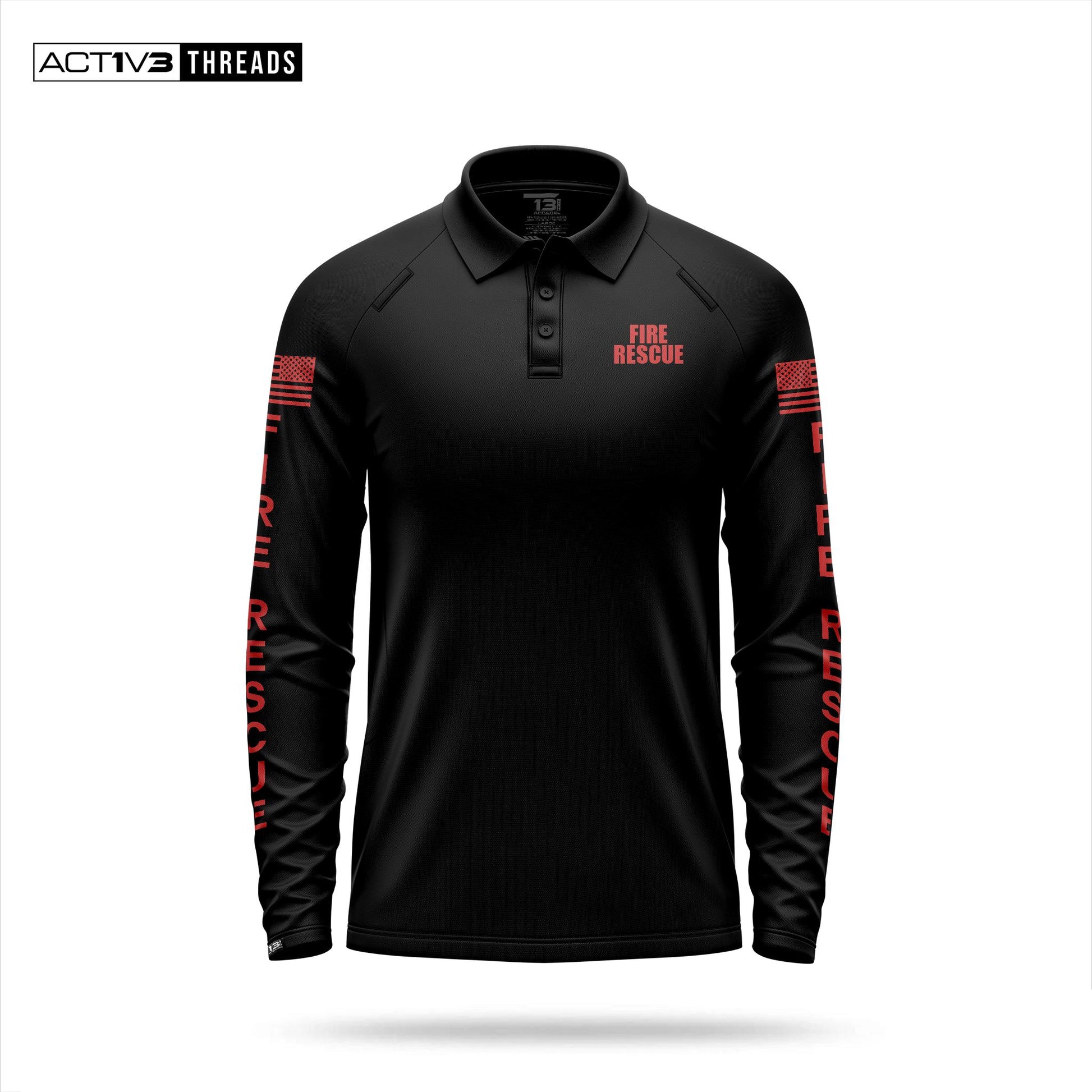 [FIRE RESCUE] Men's Performance Polo Long Sleeve [BLK/RED]-13 Fifty Apparel
