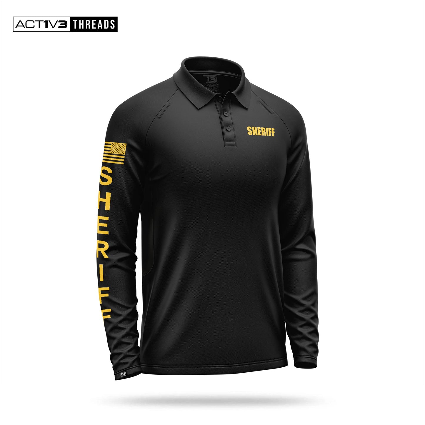 [SHERIFF] Men's Performance Polo Long Sleeve [BLK/GLD]-13 Fifty Apparel