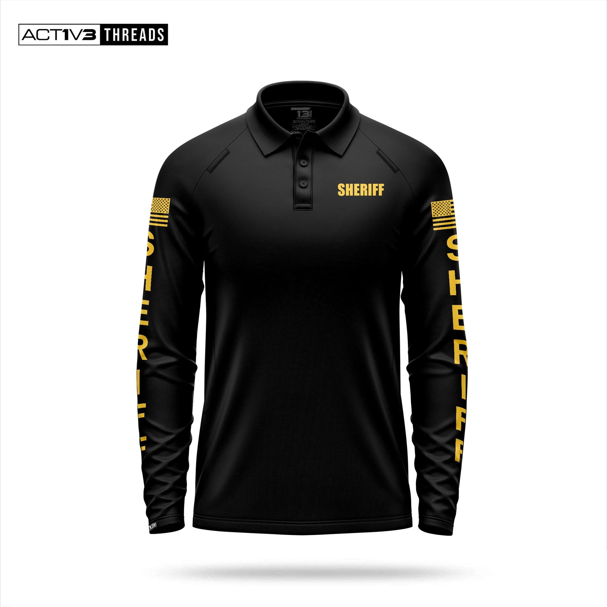 [SHERIFF] Men's Performance Polo Long Sleeve [BLK/GLD]-13 Fifty Apparel