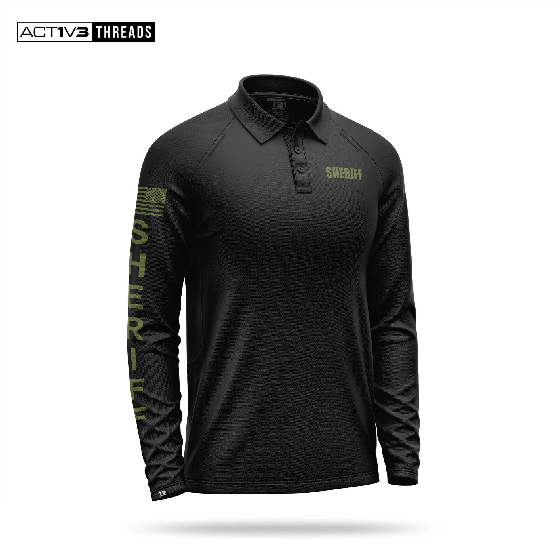 [SHERIFF] Men's Performance Polo Long Sleeve [BLK/GRN]-13 Fifty Apparel