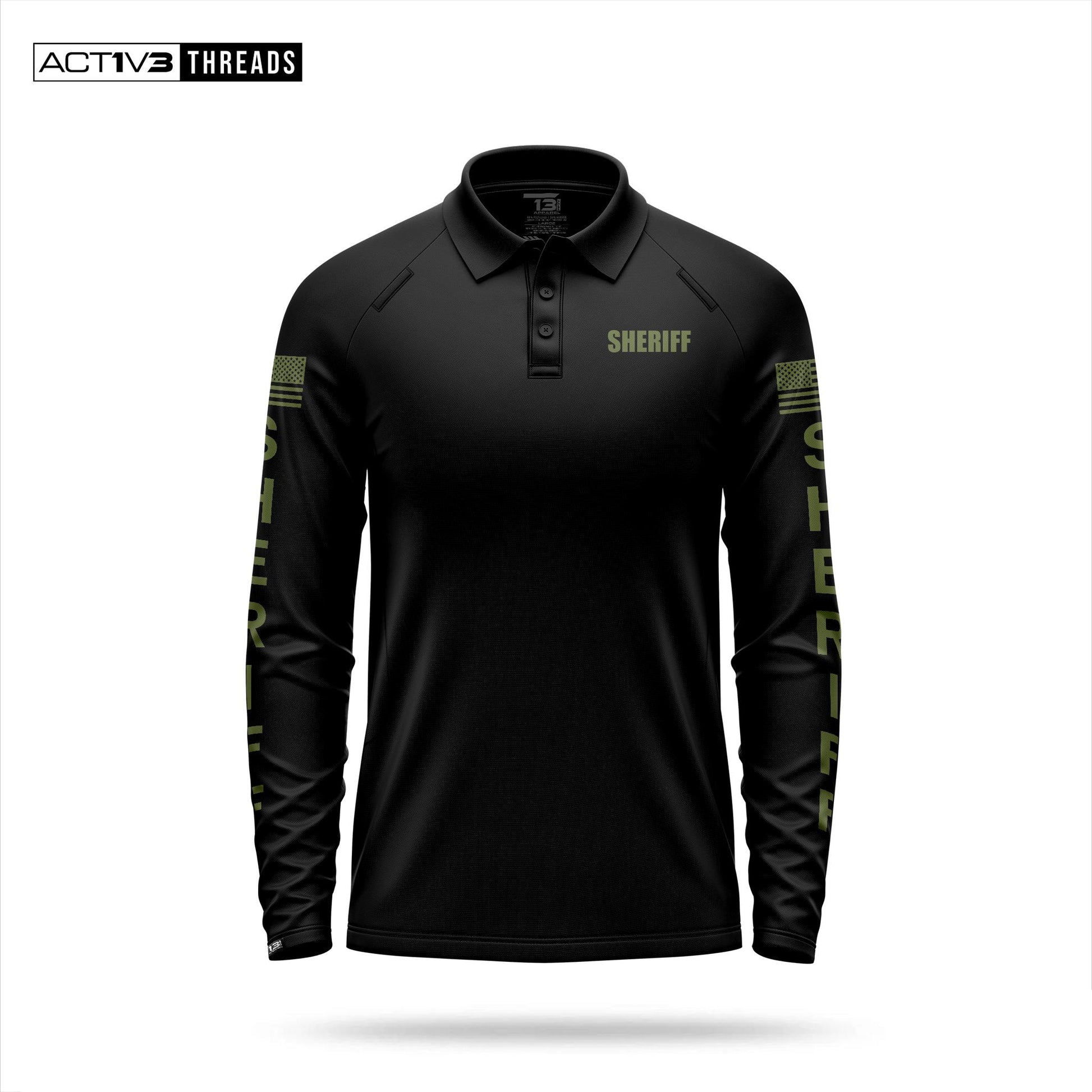 [SHERIFF] Men's Performance Polo Long Sleeve [BLK/GRN]-13 Fifty Apparel