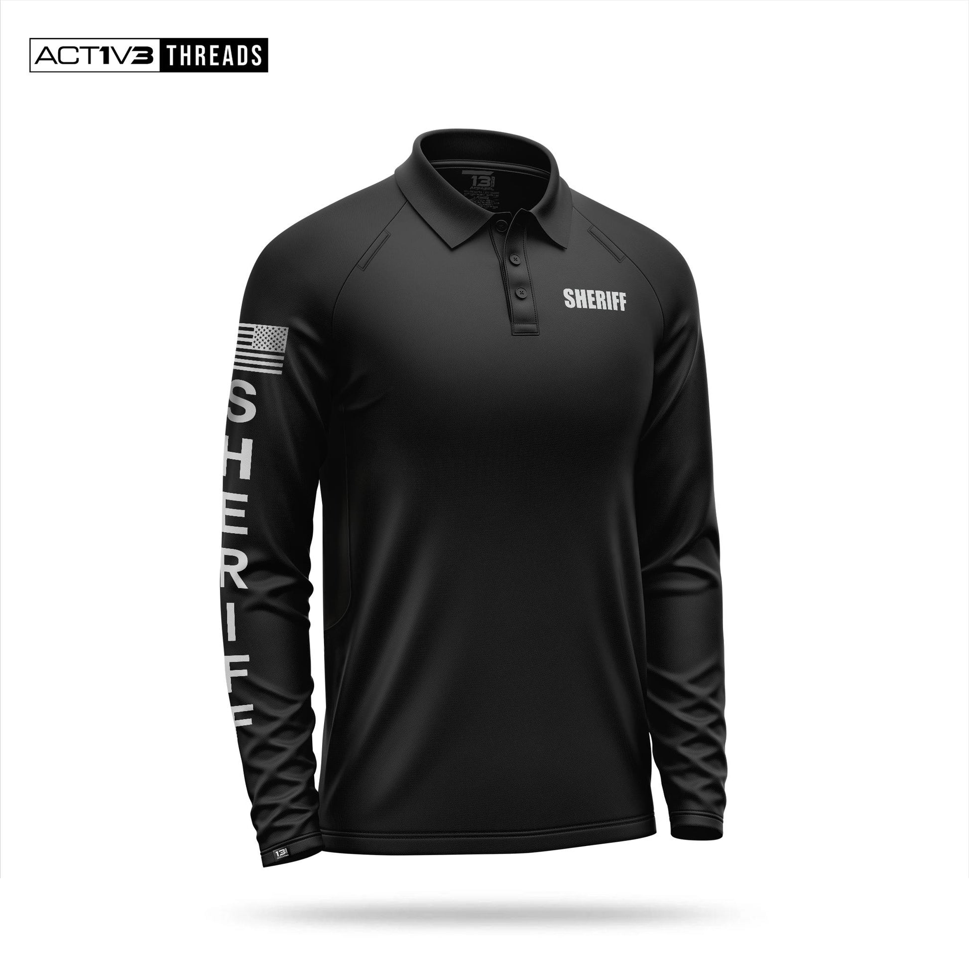 [SHERIFF] Reflective Men's Performance Polo Long Sleeve [BLK/REF]-13 Fifty Apparel